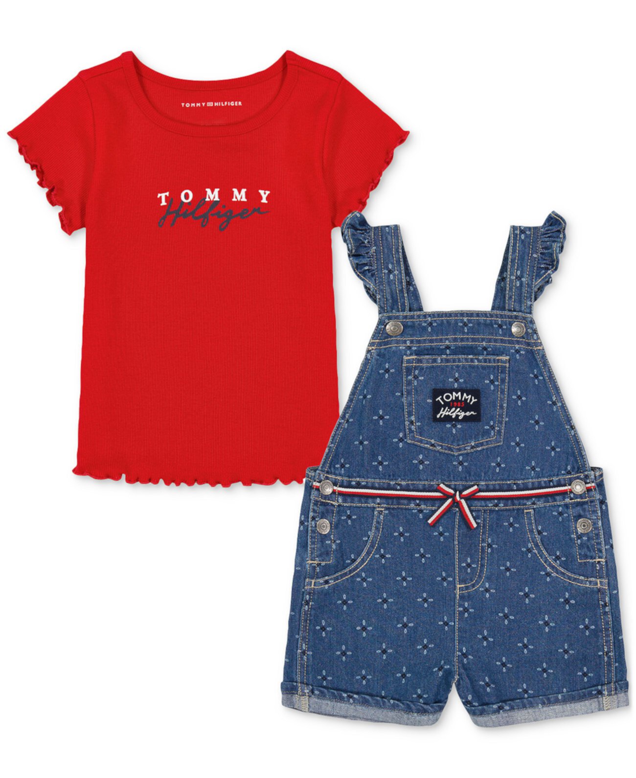 Little Girls Ribbed Logo T-Shirt & Printed Denim Shortall, 2 Piece Set Tommy Hilfiger