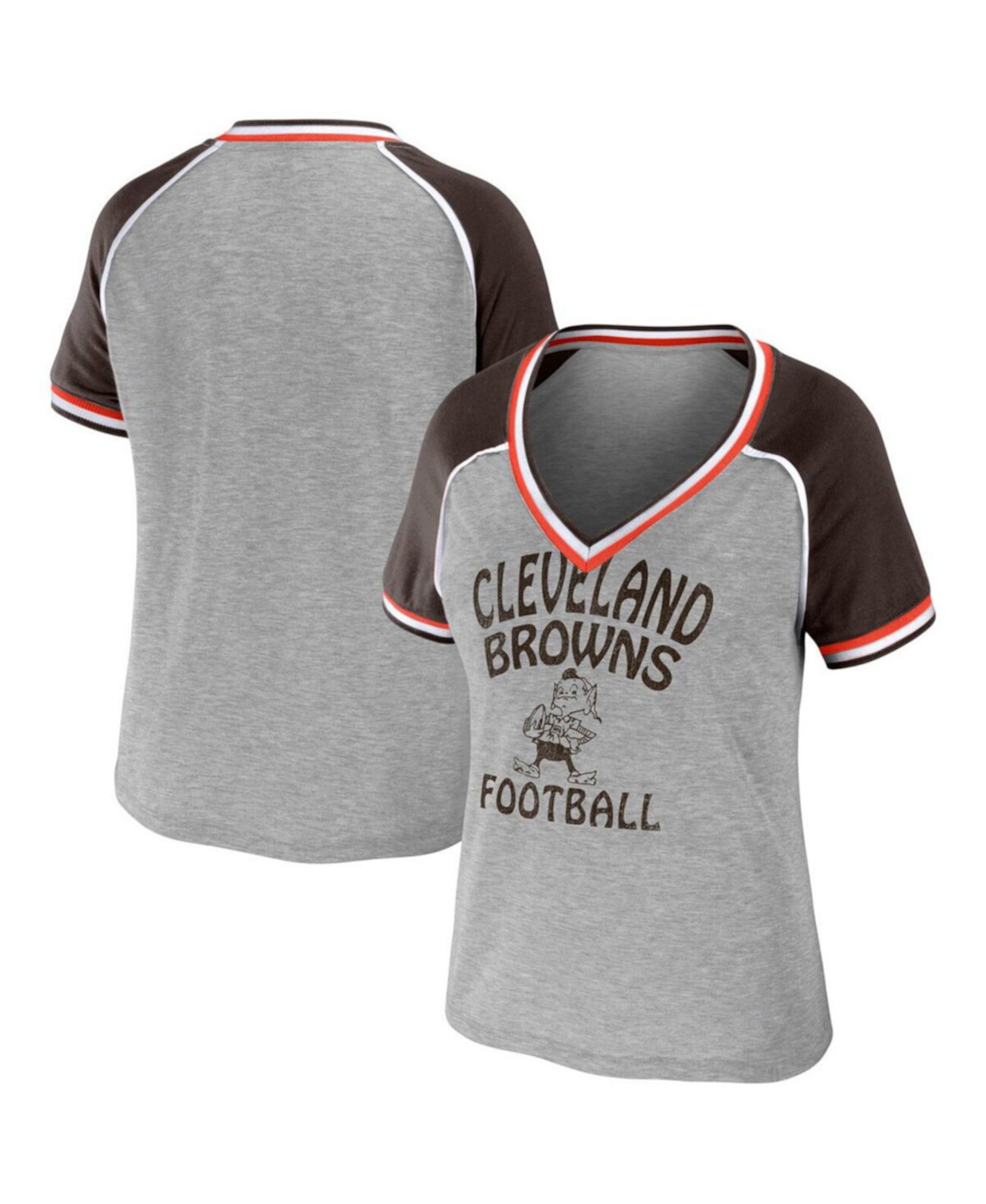 Women's Heather Gray Distressed Cleveland Browns Cropped Raglan Throwback V-Neck T-shirt WEAR by Erin Andrews