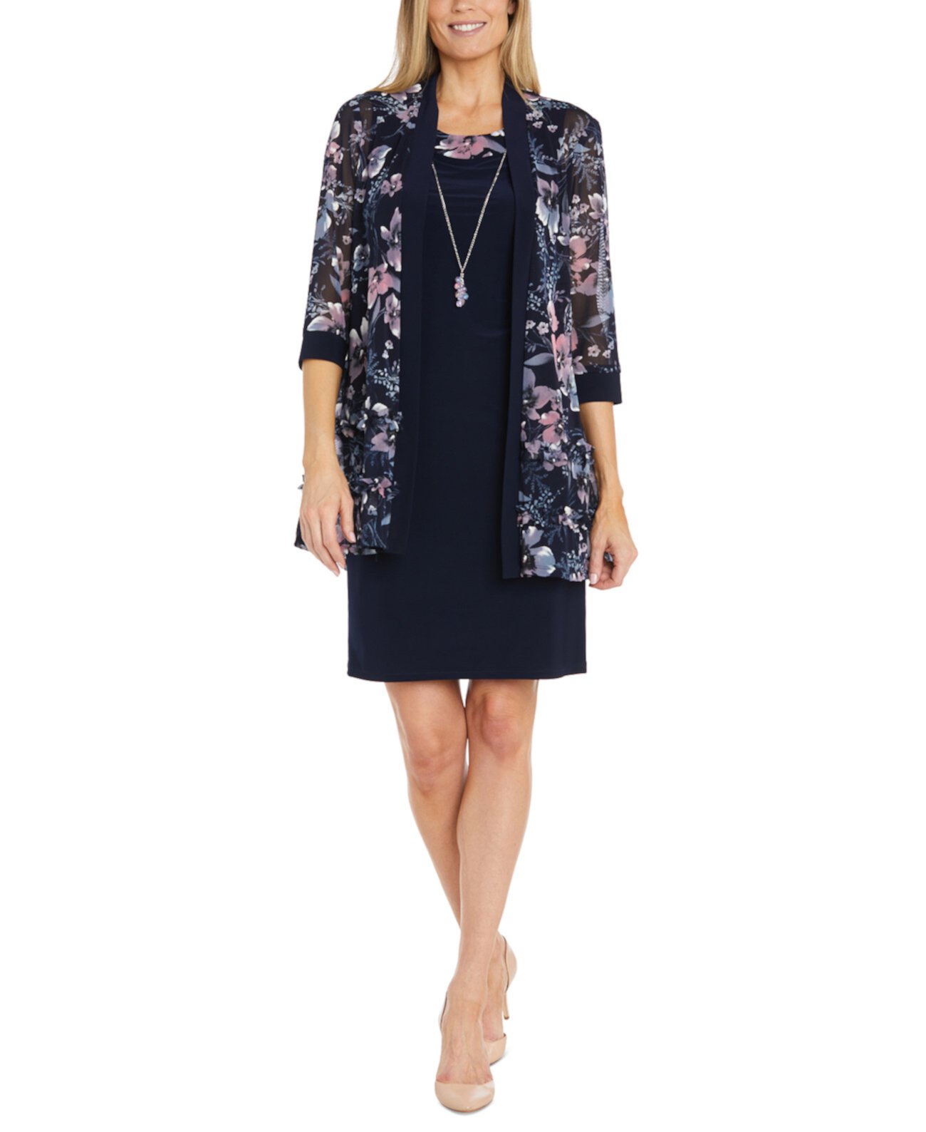 Petite Floral Mesh Jacket and Contrast-Trim Sleeveless Dress R & M Richards