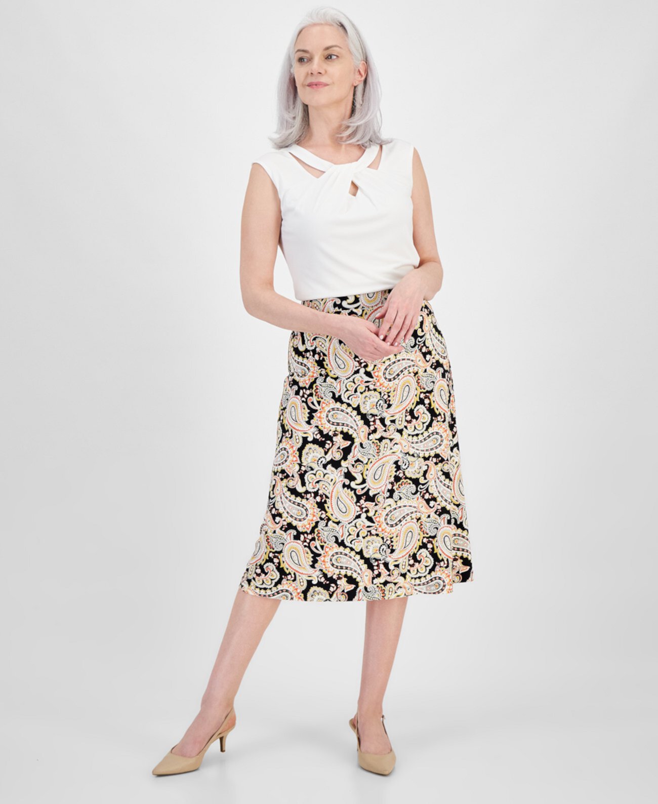 Women's Paisley-Print Pull-On Midi Skirt Kasper
