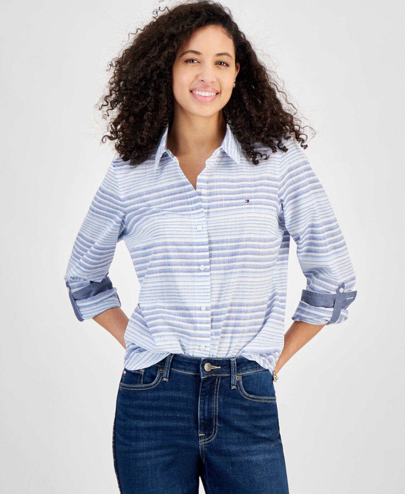 Women's Beach Stripe Cotton Roll-Tab Shirt Tommy Hilfiger