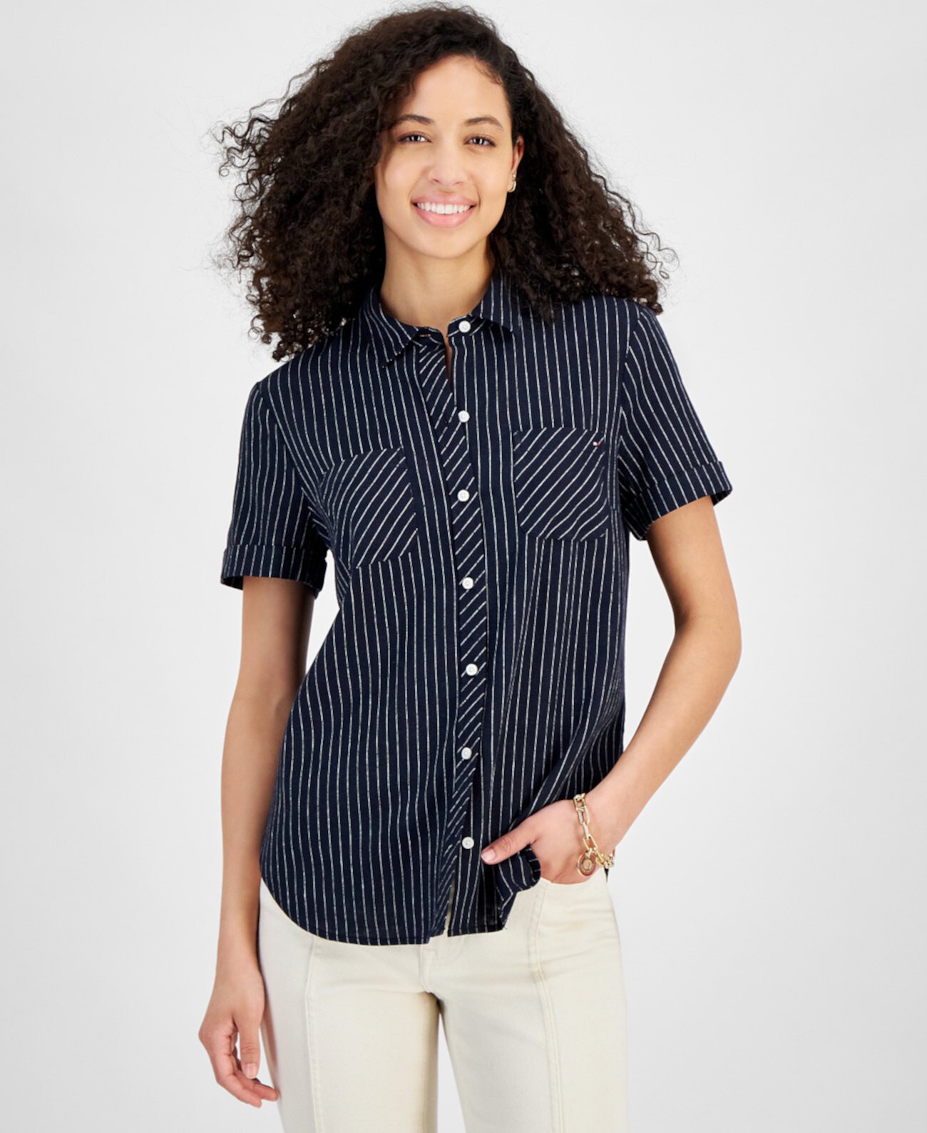 Women's Striped Linen-Blend Short-Sleeve Button-Front Shirt Tommy Hilfiger