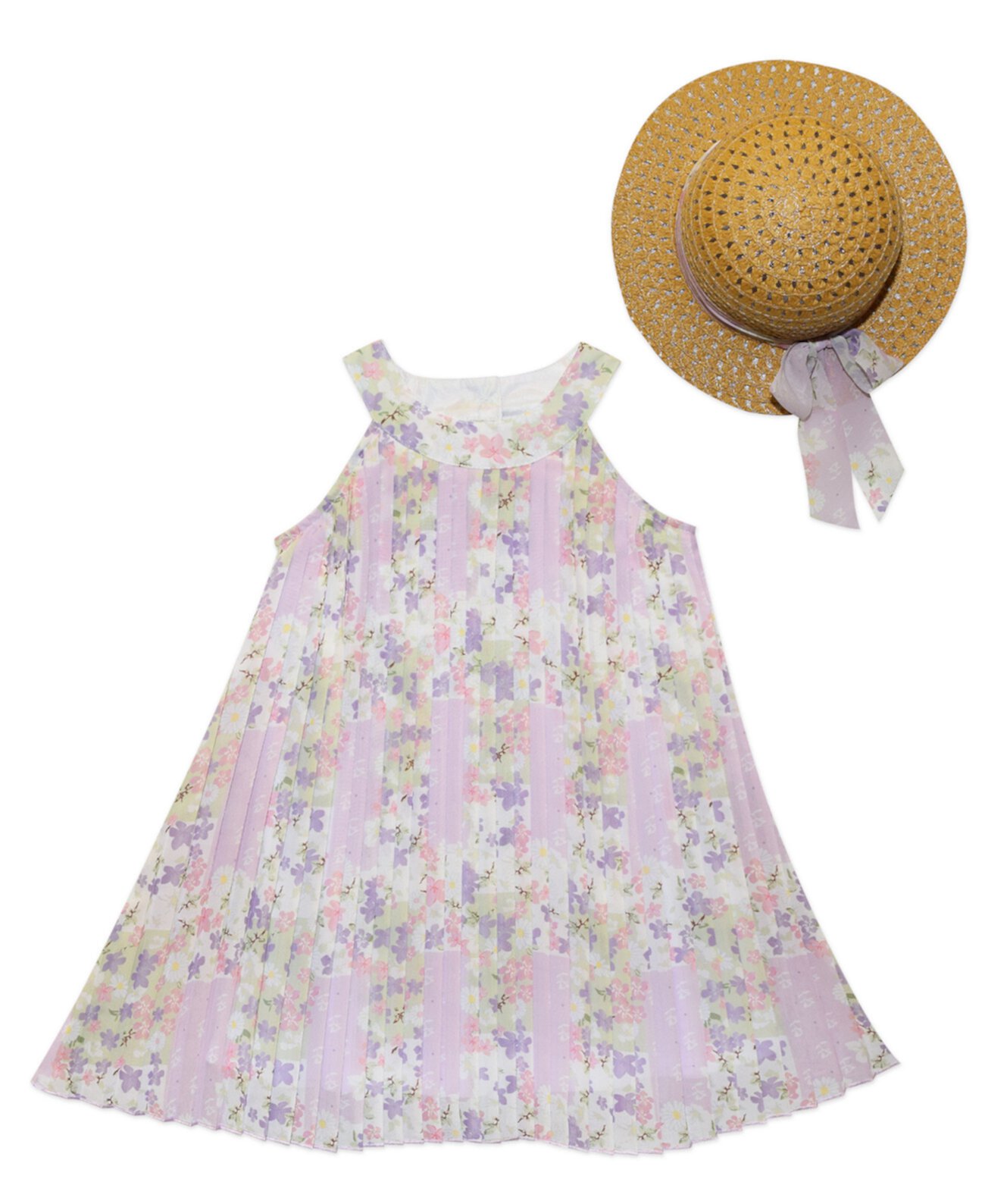 Baby Girls Lilac Floral Pleated Swing Dress Sun Hat Blueberi Boulevard