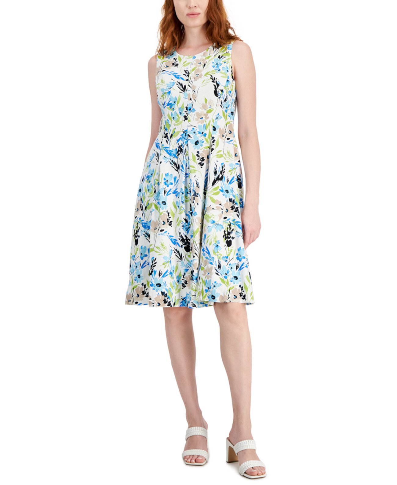 Women's Linen-Blend Printed Sleeveless Flared-Skirt Dress Kasper