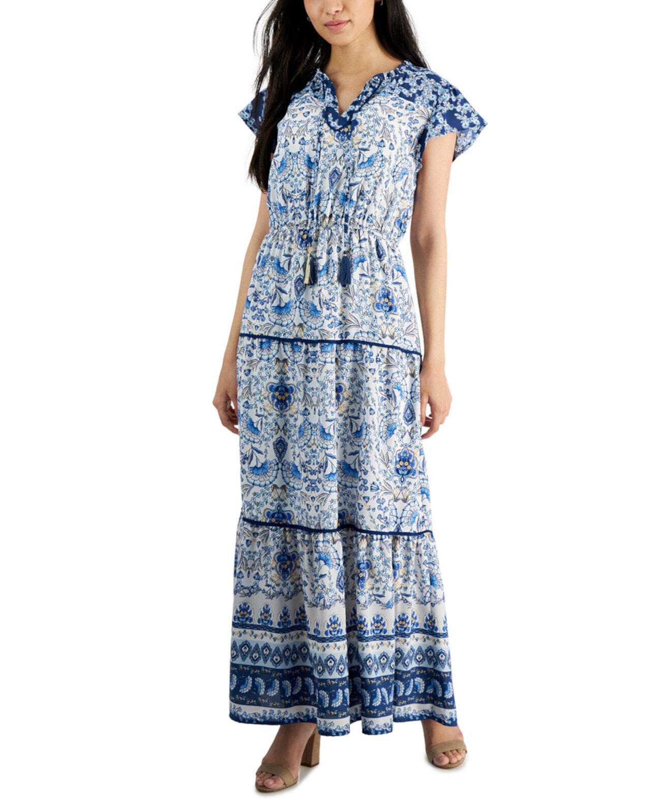 Petite Mixed-Print Flutter-Sleeve Tiered Maxi Dress Tinsel