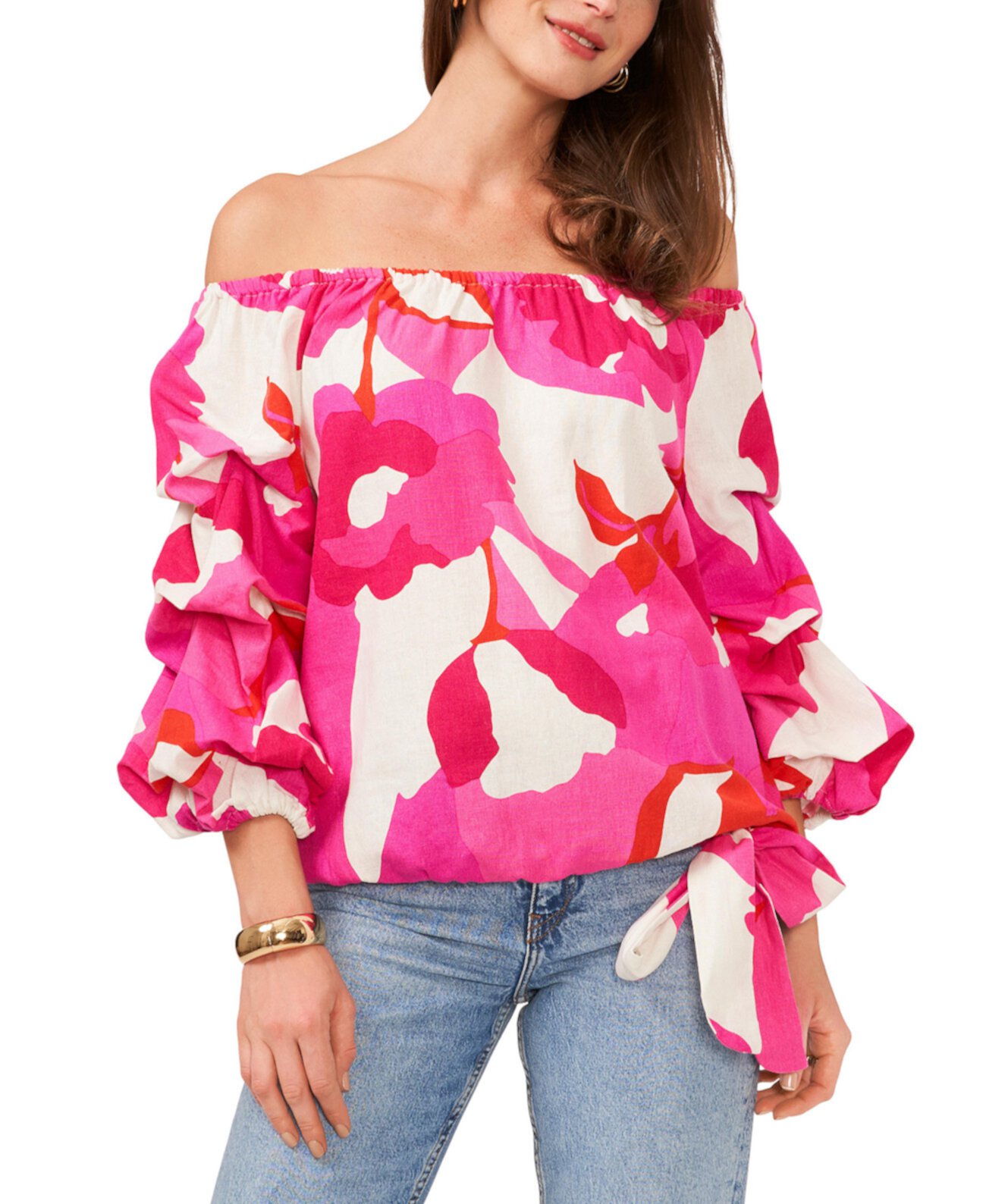 Women's Printed Off The Shoulder Bubble Sleeve Tie Front Blouse Vince Camuto