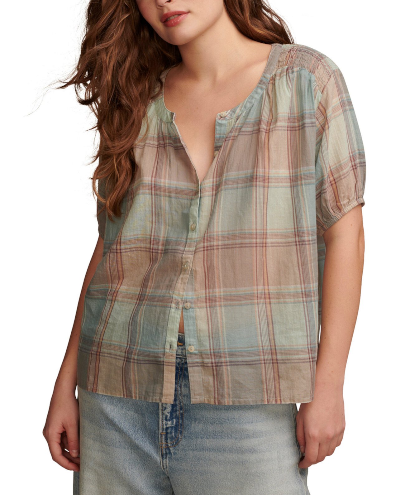 Women's Cotton Plaid Smocked-Shoulder Blouse Lucky Brand
