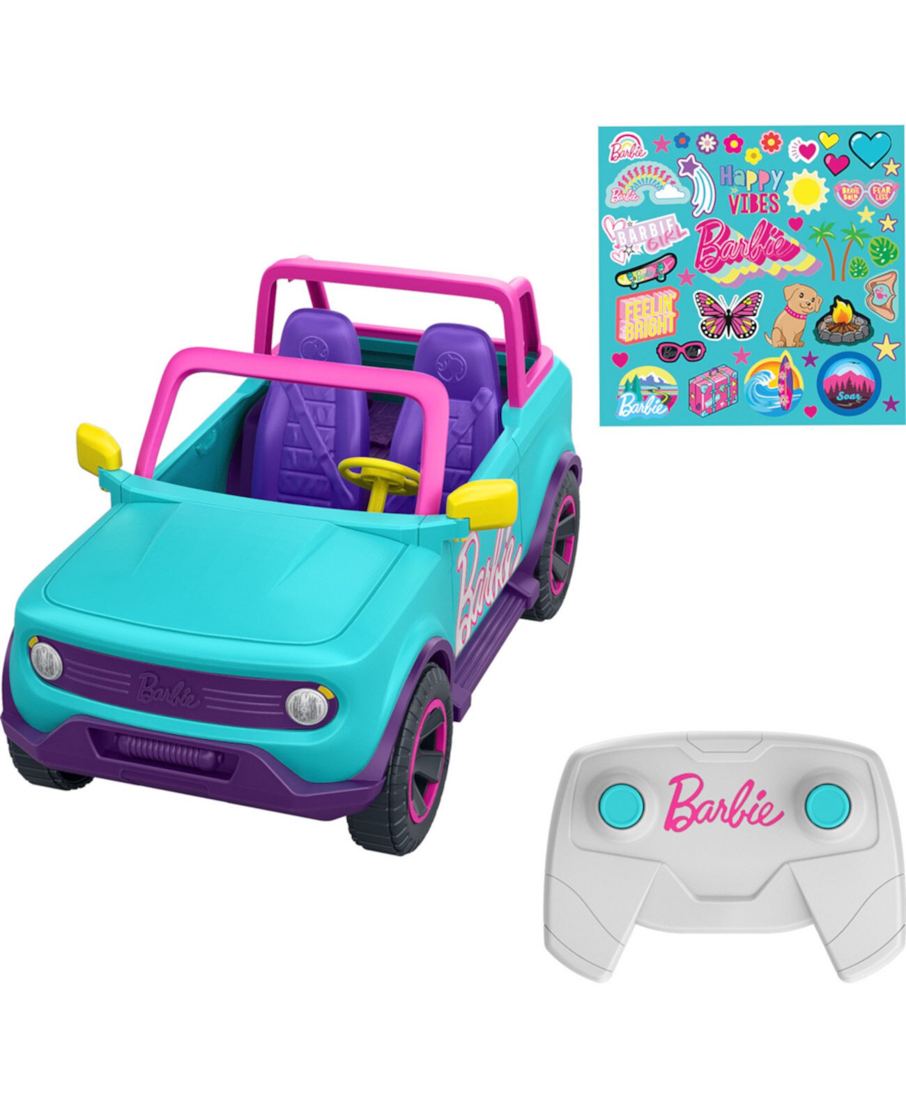 Barbie RC SUV and Stickers, Battery-Powered Toy Truck, Fits 2 Barbie Dolls Hot Wheels