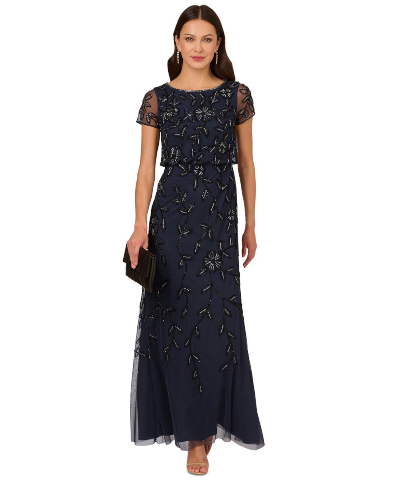 Petite Floral Beaded Blouson Short-Sleeve Gown Adrianna Papell