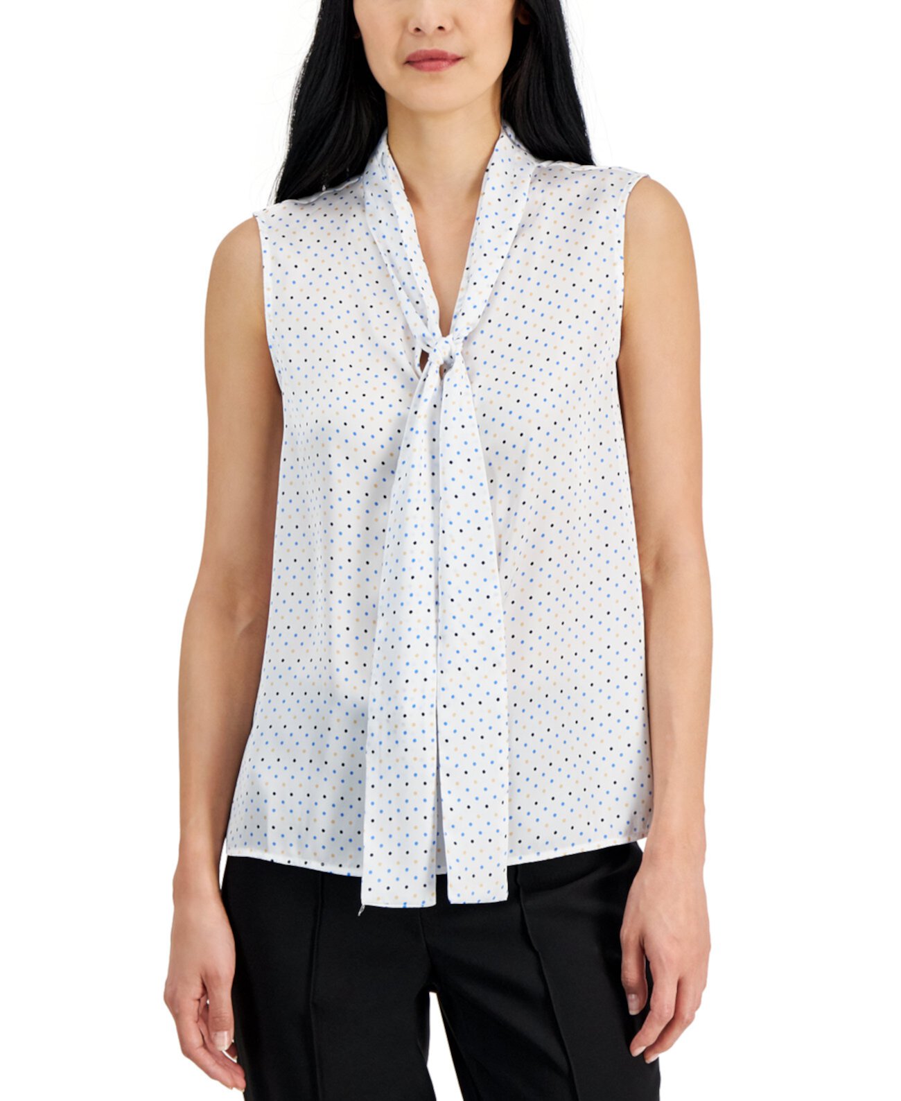 Women's Dot-Print Scarf-Neck Sleeveless Top Anne Klein