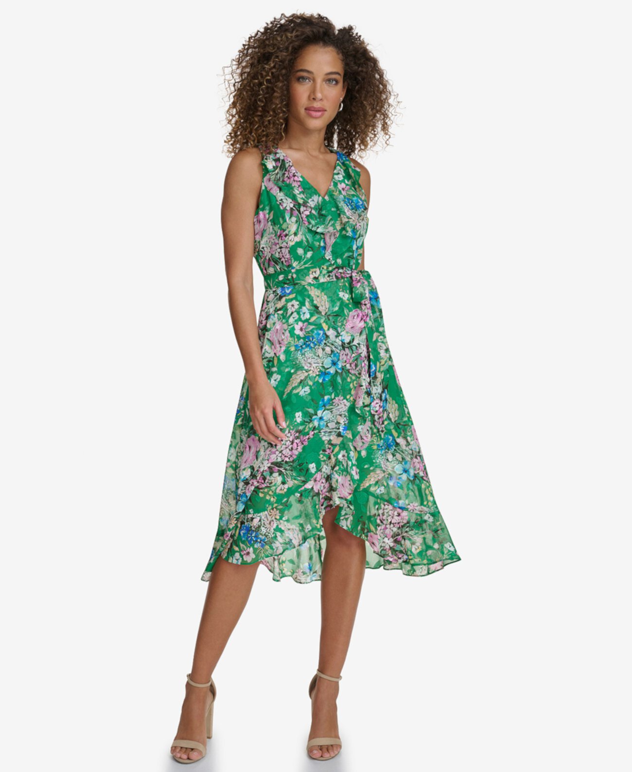 Women's Floral-Print Ruffled Sleeveless Midi Dress Kensie