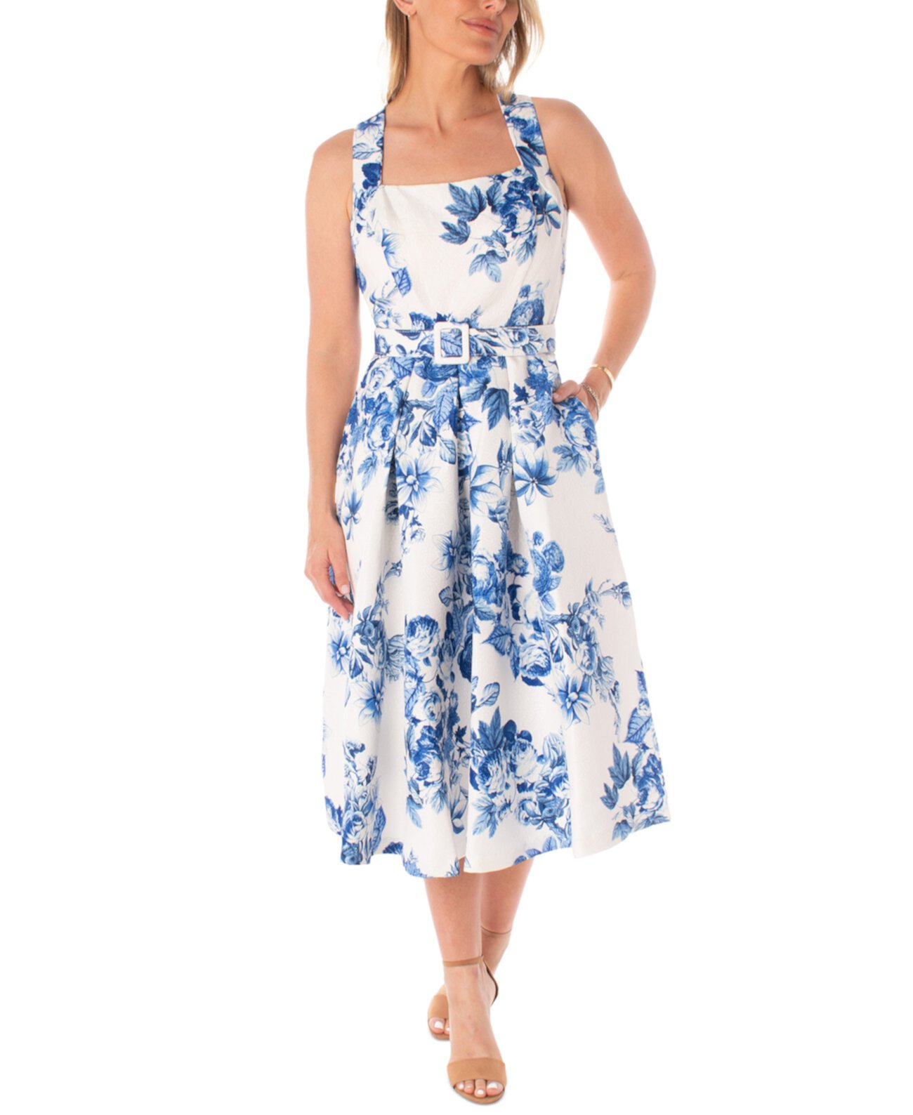 Women's Belted Floral Jacquard Midi Dress MAISON TARA