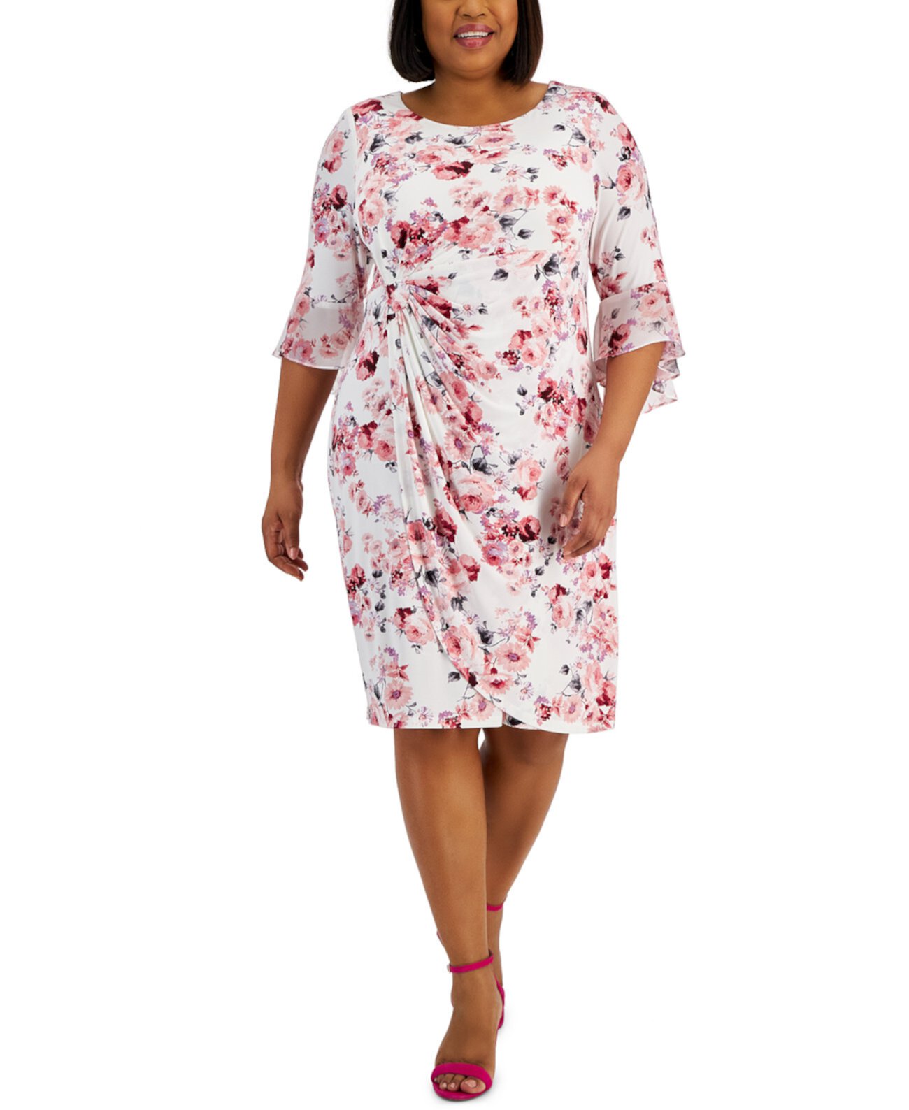 Plus Size 3/4-Sleeve Side-Tab Sheath Dress Connected