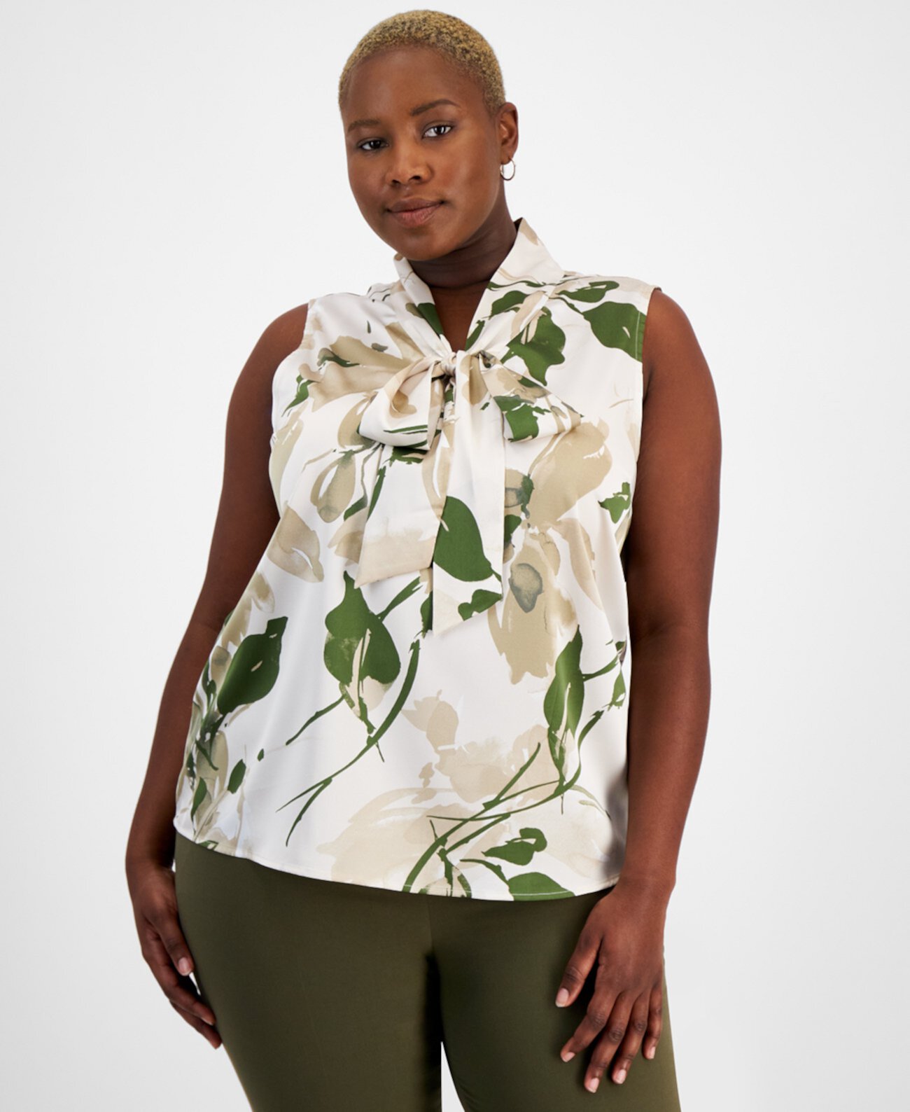Plus Size Printed Sleeveless Bow Blouse Tahari by ASL
