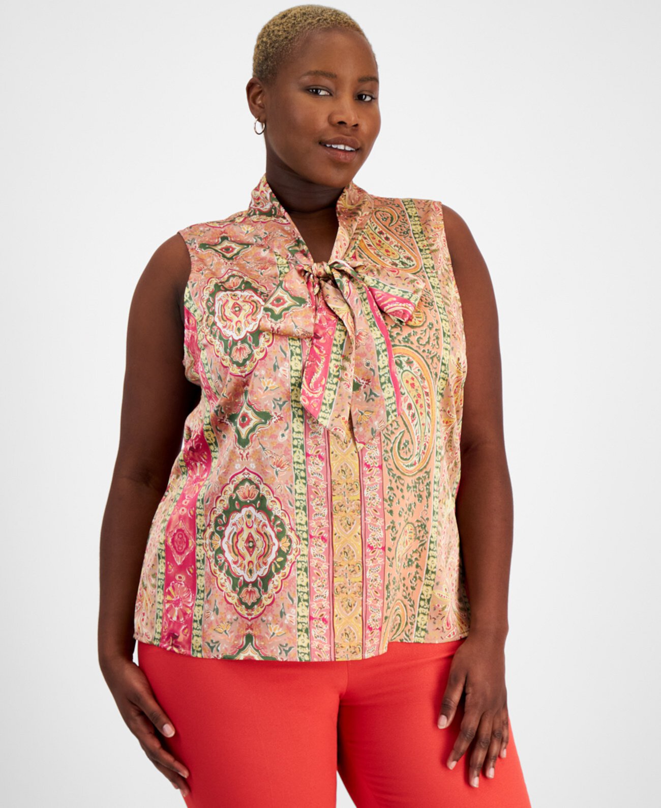 Plus Size Printed Sleeveless Bow Blouse Tahari by ASL