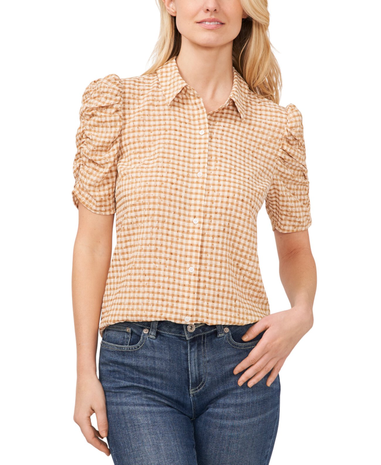 Women's Ruched Sleeve Collared Button Down Blouse CeCe