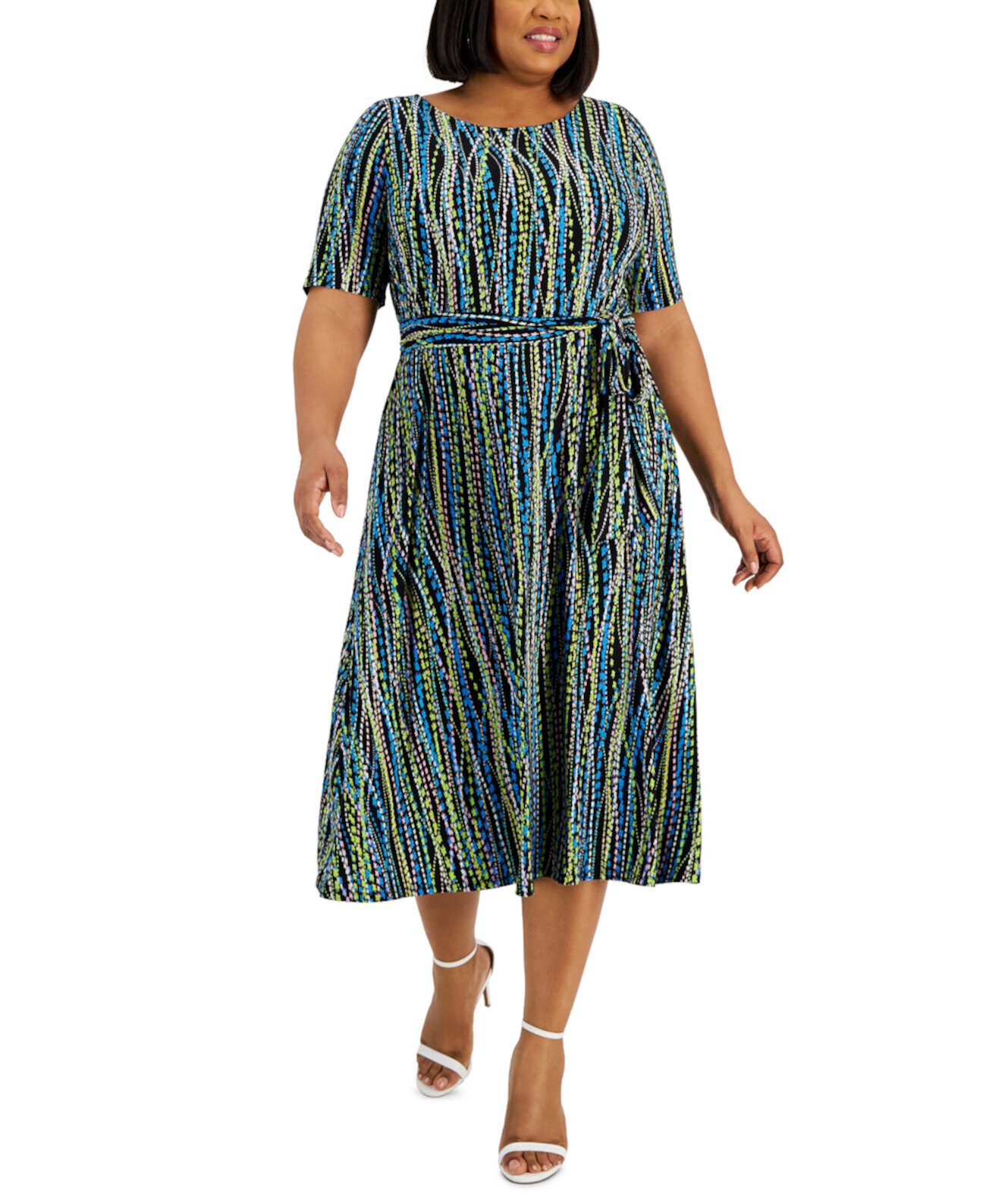 Plus Size Abstract-Print Belted Elbow-Sleeve Dress Kasper