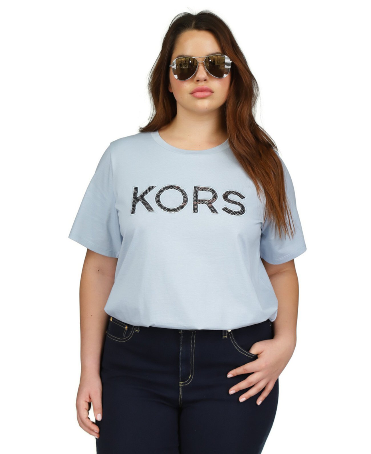 Plus Size Sequin Logo Cotton T-Shirt Michael Kors