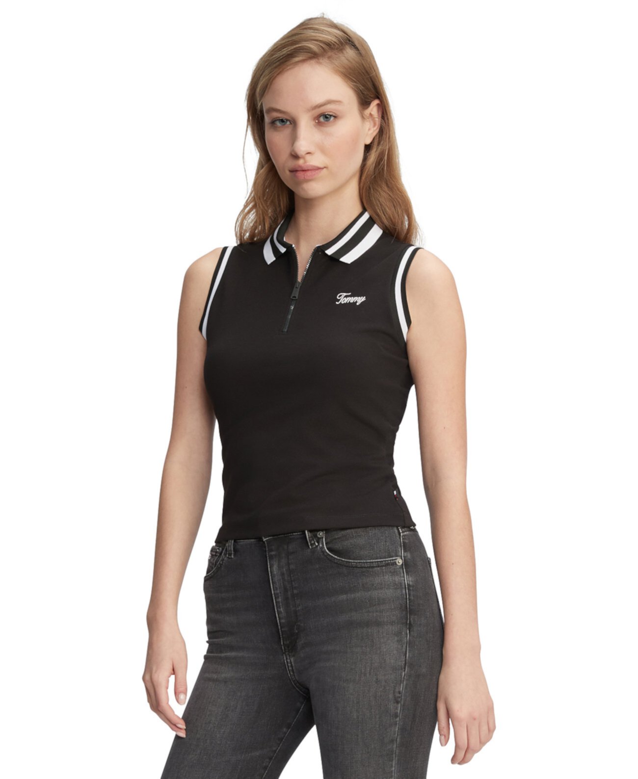Women's Striped-Edge Zippered Polo Top Tommy Jeans