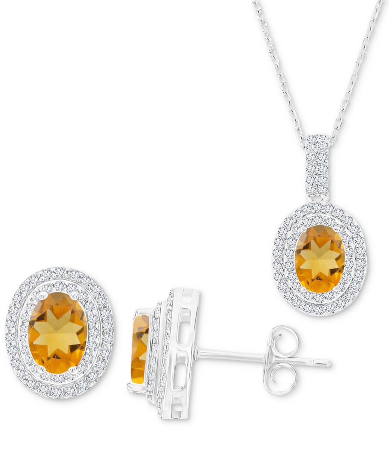2-Pc. Set Citrine (2-3/8 ct. t.w.) & Lab-Grown White Sapphire (1-1/10 ct. t.w.) Oval Halo Pendant Necklace & Matching Stud Earrings in Sterling Silver Macy's