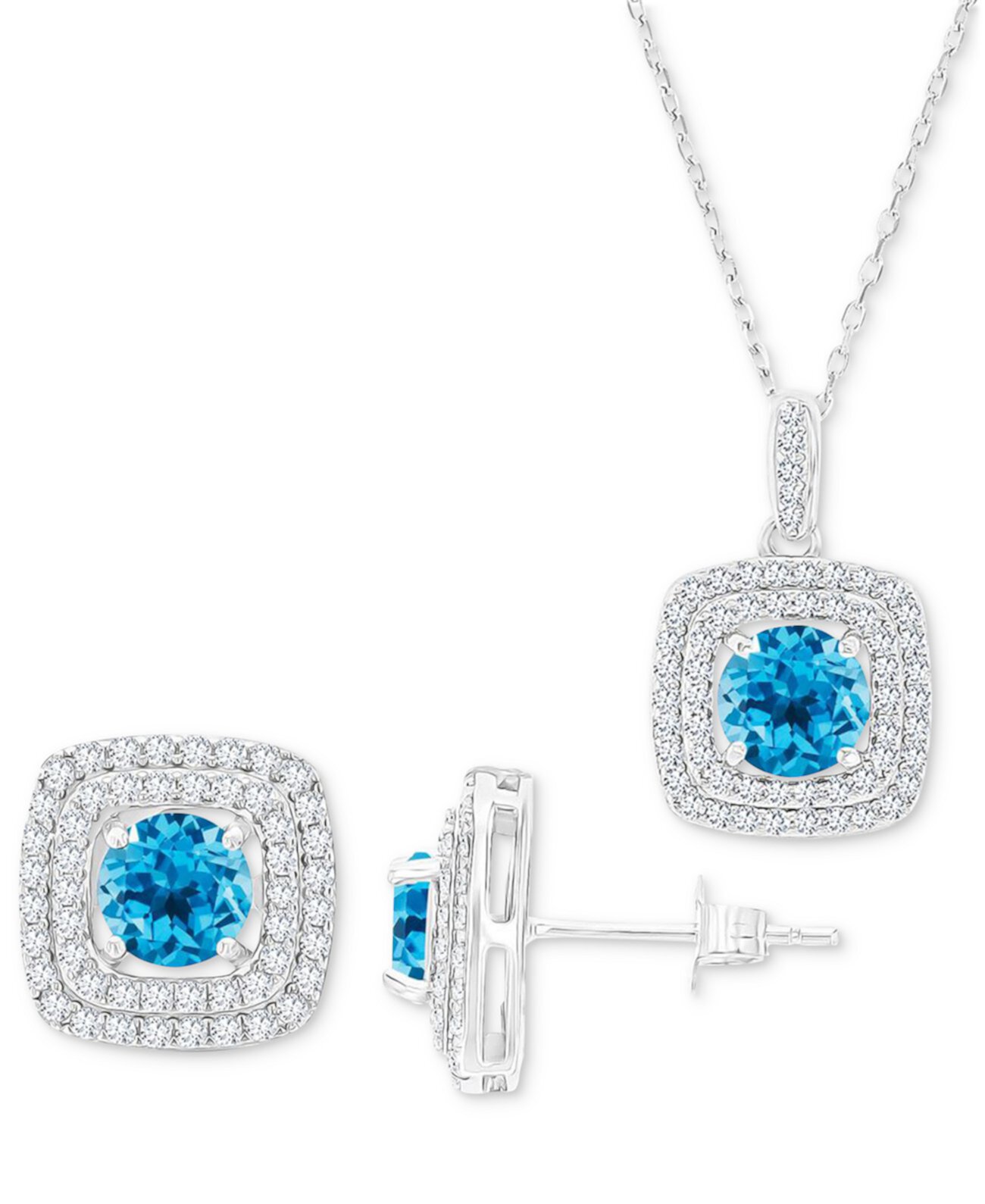 2-Pc. Set Swiss Blue Topaz (3-5/8 ct. t.w.) & Lab-Grown White Sapphire (7/8 ct. t.w.) Square Halo Pendant Necklace & Matching Stud Earrings in Sterling Silver Macy's