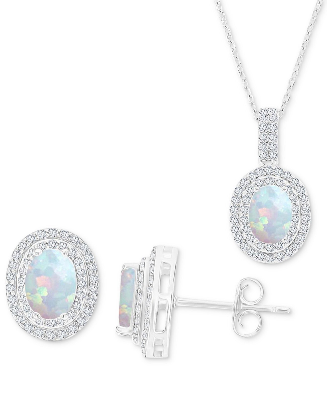 2-Pc. Set Lab-Grown Opal (1-1/6 ct. t.w.) & Lab-Grown White Sapphire (1 ct. t.w.) Oval Halo Pendant Necklace & Matching Stud Earrings in Sterling Silver Macy's