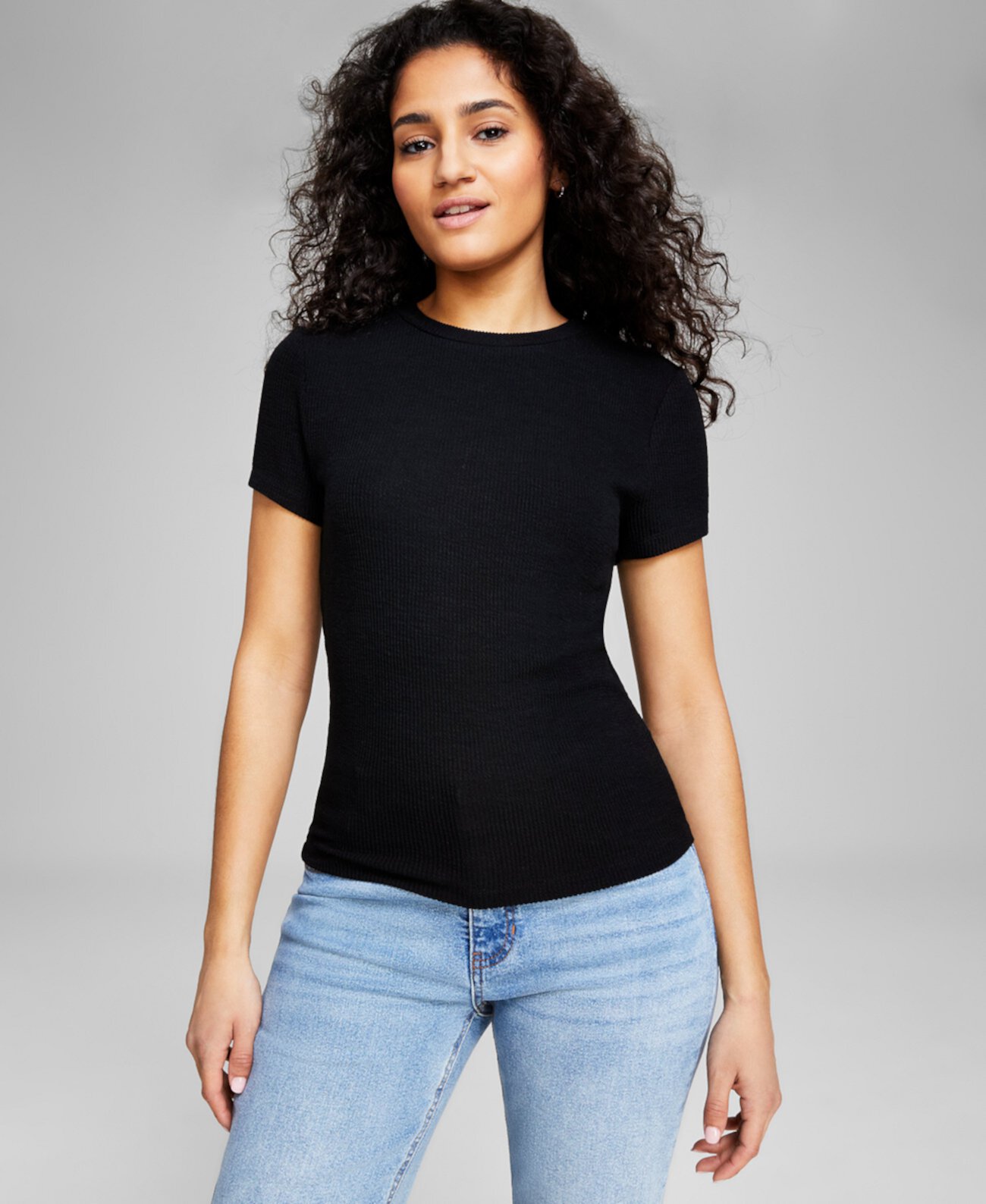 Women's Ribbed Crewneck Short-Sleeve T-Shirt, Created for Macy's And Now This
