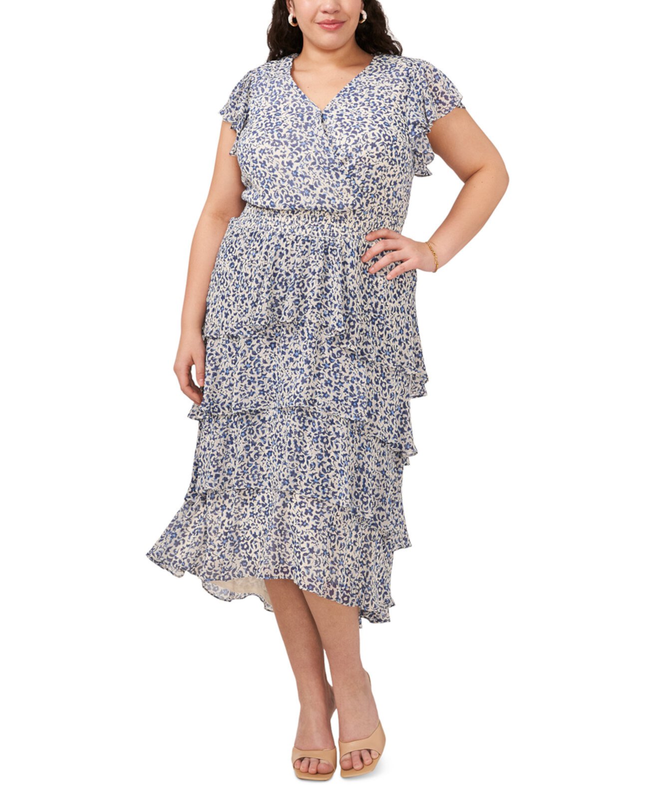 Plus Size Printed Tiered Flutter-Sleeve Midi Dress MSK