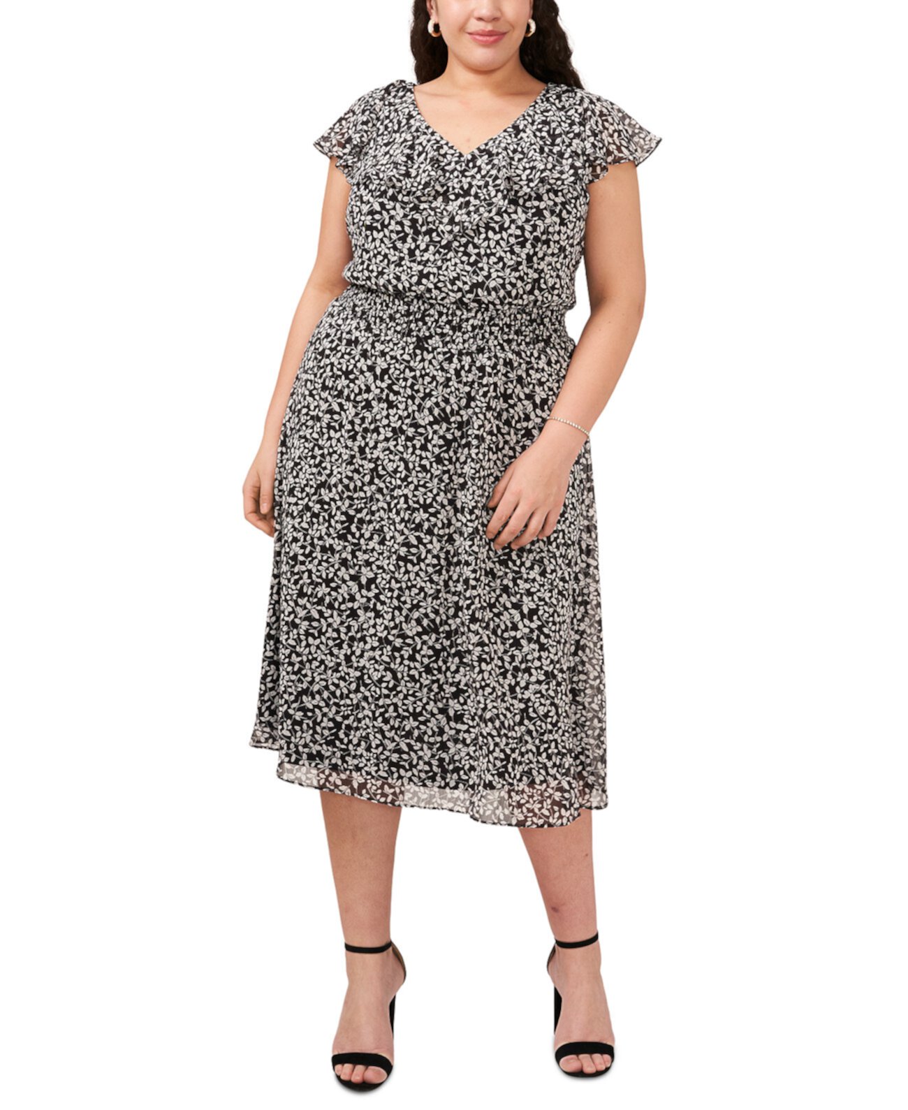 Plus Size Ruffled Printed Smocked-Waist Midi Dress MSK