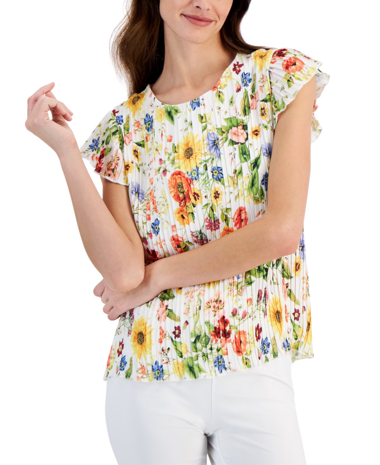 Women's Floral-Printed Flutter-Sleeve Pleated Top T Tahari