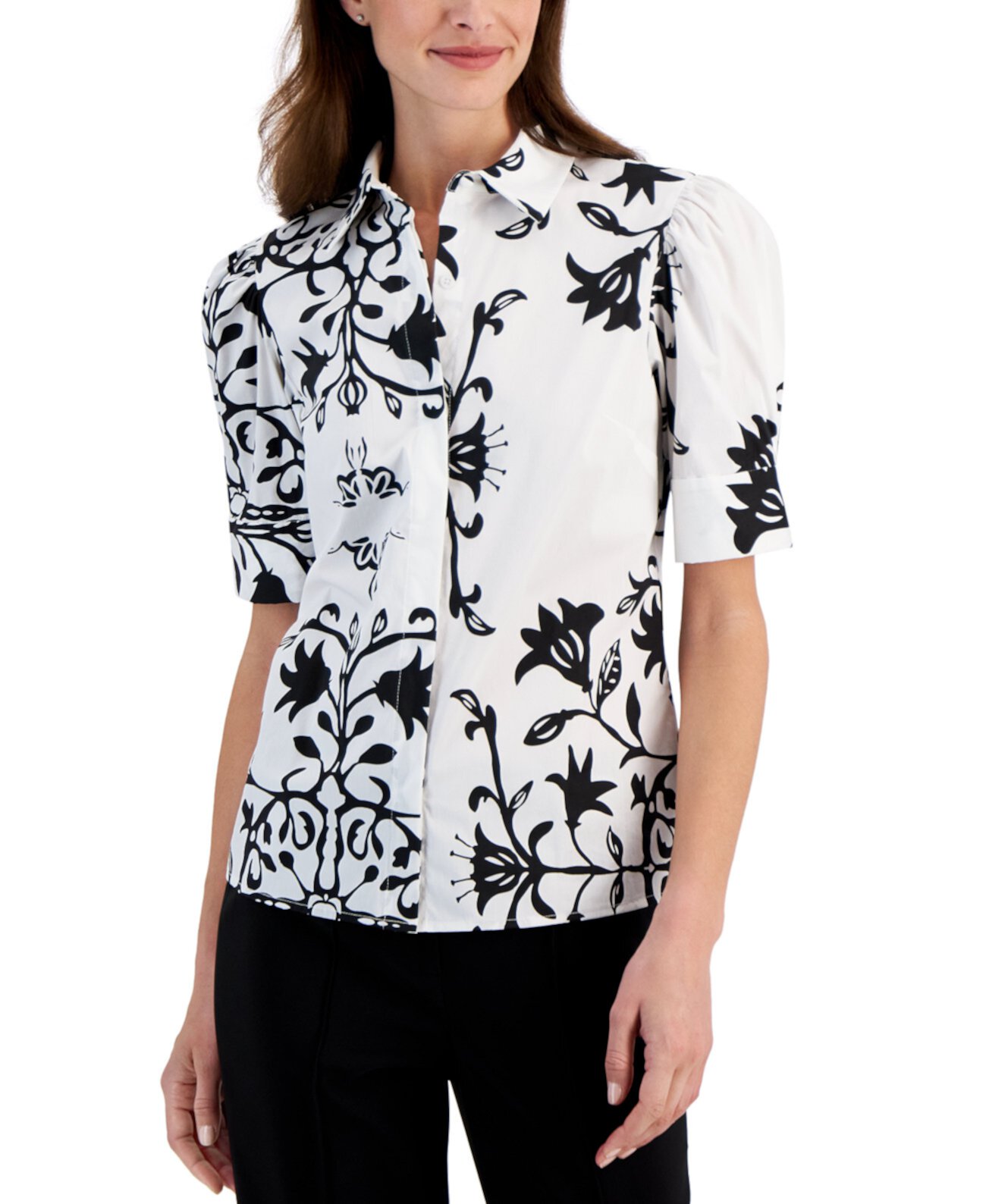 Women's Printed Puff-Sleeve Button-Front Shirt T Tahari