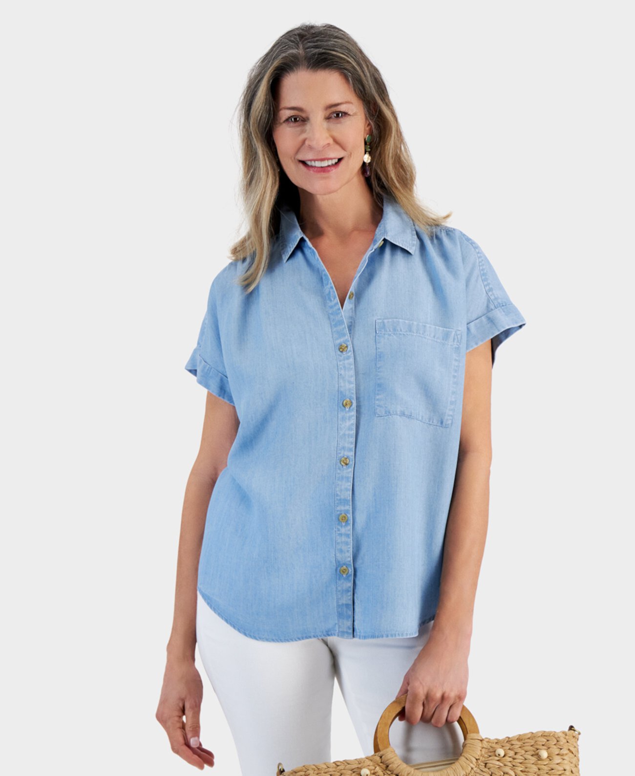 Women's Chambray Short-Sleeve Button-Down Shirt, Created for Macy's Style & Co