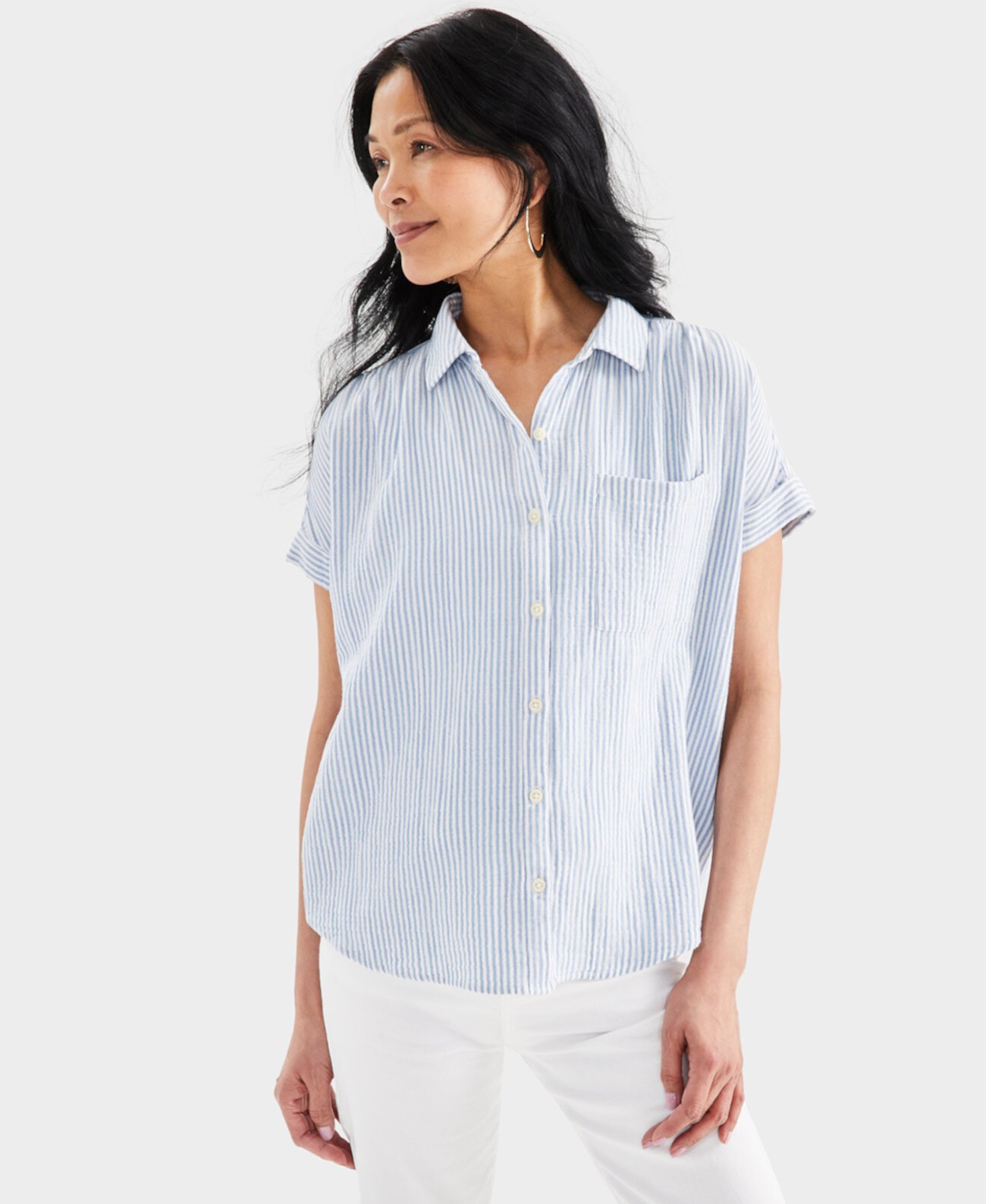 Women's Cotton Gauze Short-Sleeve Button Up Shirt, Created for Macy's Style & Co