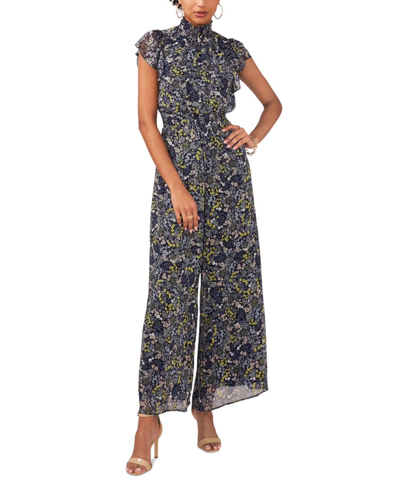 Women's Floral-Print Flutter-Sleeve Smocked Jumpsuit MSK