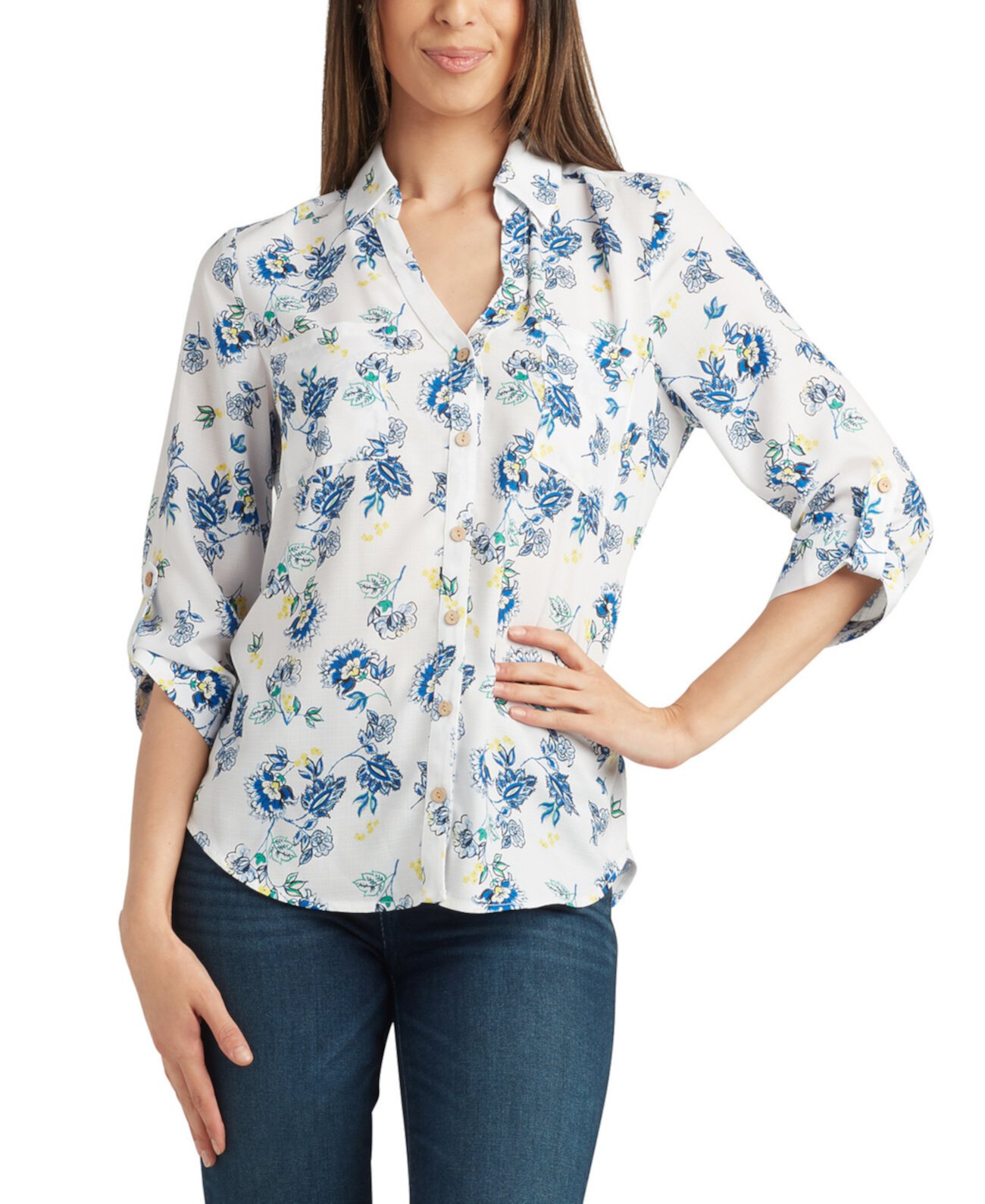 Juniors' Printed Roll-Tab Button-Front Shirt BCX