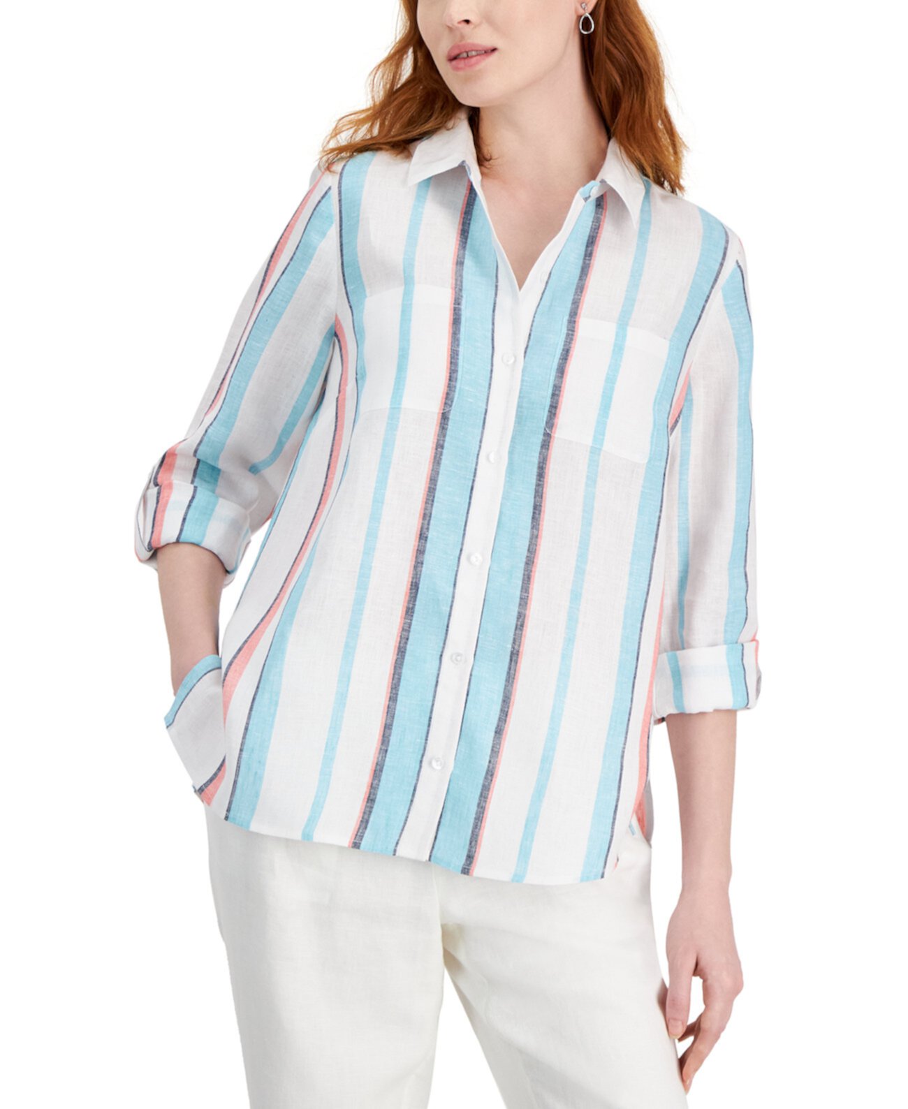 Women's 100% Linen Hampton Stripe Tab-Sleeve Top, Created for Macy's Charter Club