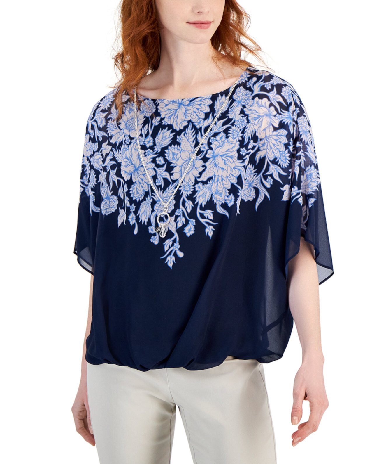 Women's Printed Poncho-Sleeve Necklace Top, Created for Macy's J&M Collection
