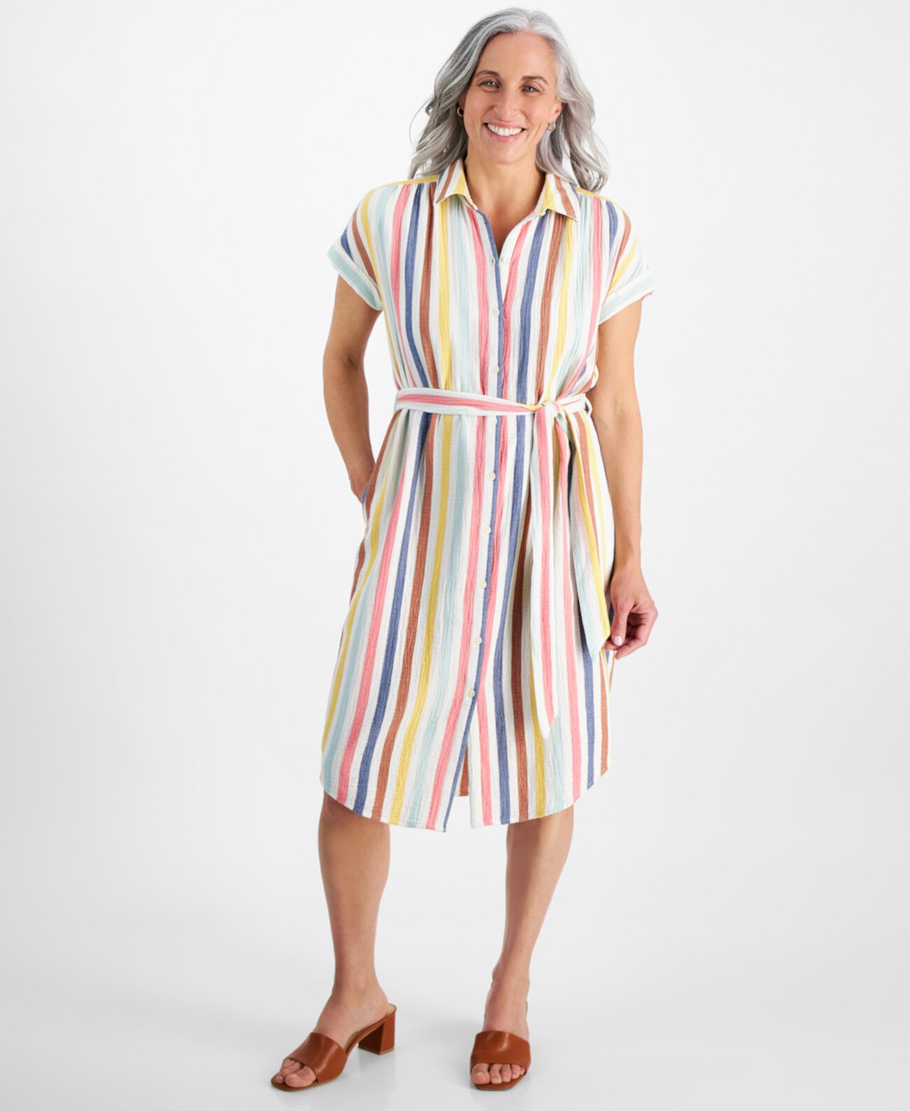 Petite Striped Cotton Camp Shirt Dress, Created for Macy's Style & Co
