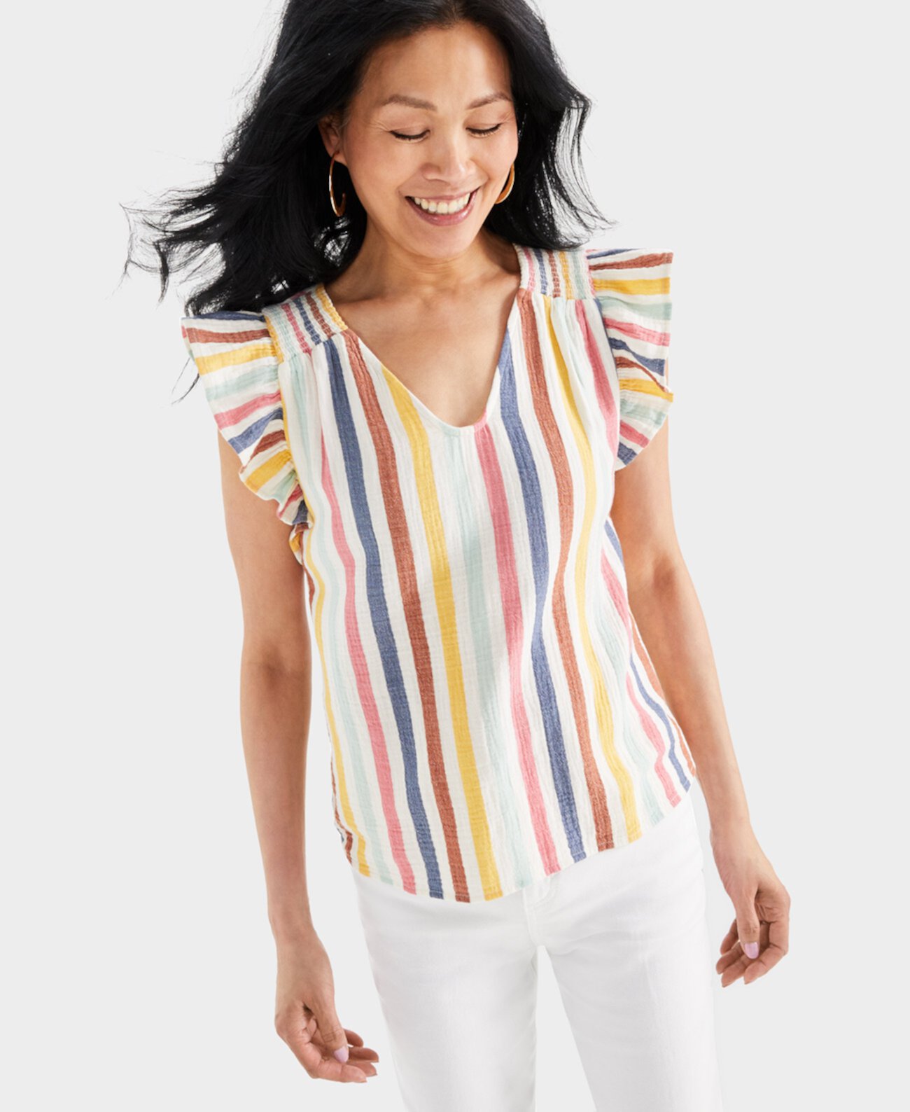 Petite Striped Gauze Flutter Sleeve Top, Created for Macy's Style & Co