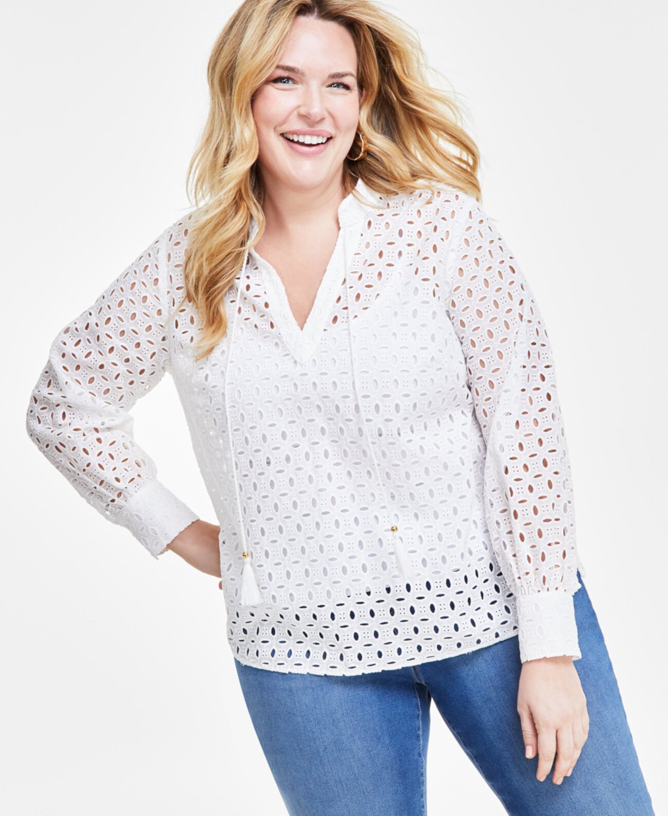 Plus Size Eyelet Tie-Neck Blouse, Created for Macy's I.N.C. International Concepts