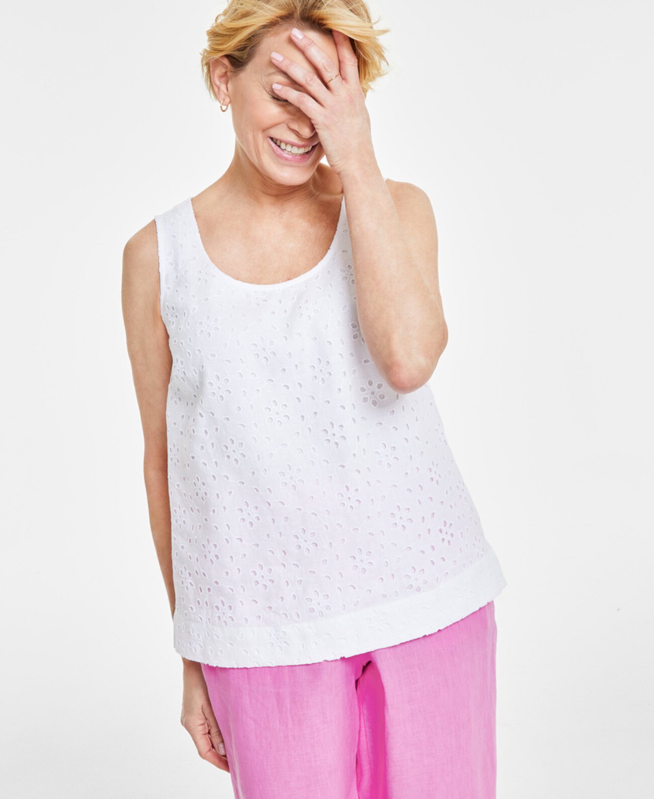 Women's Linen Eyelet Tank Top, Created for Macy's Charter Club