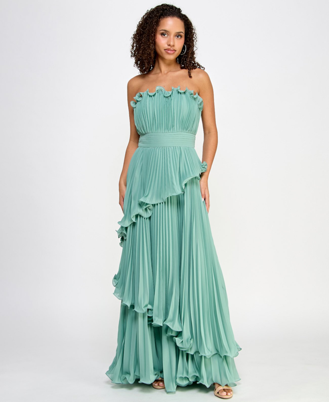 Juniors' Strapless Ruffled Tiered Pleated Gown Speechless