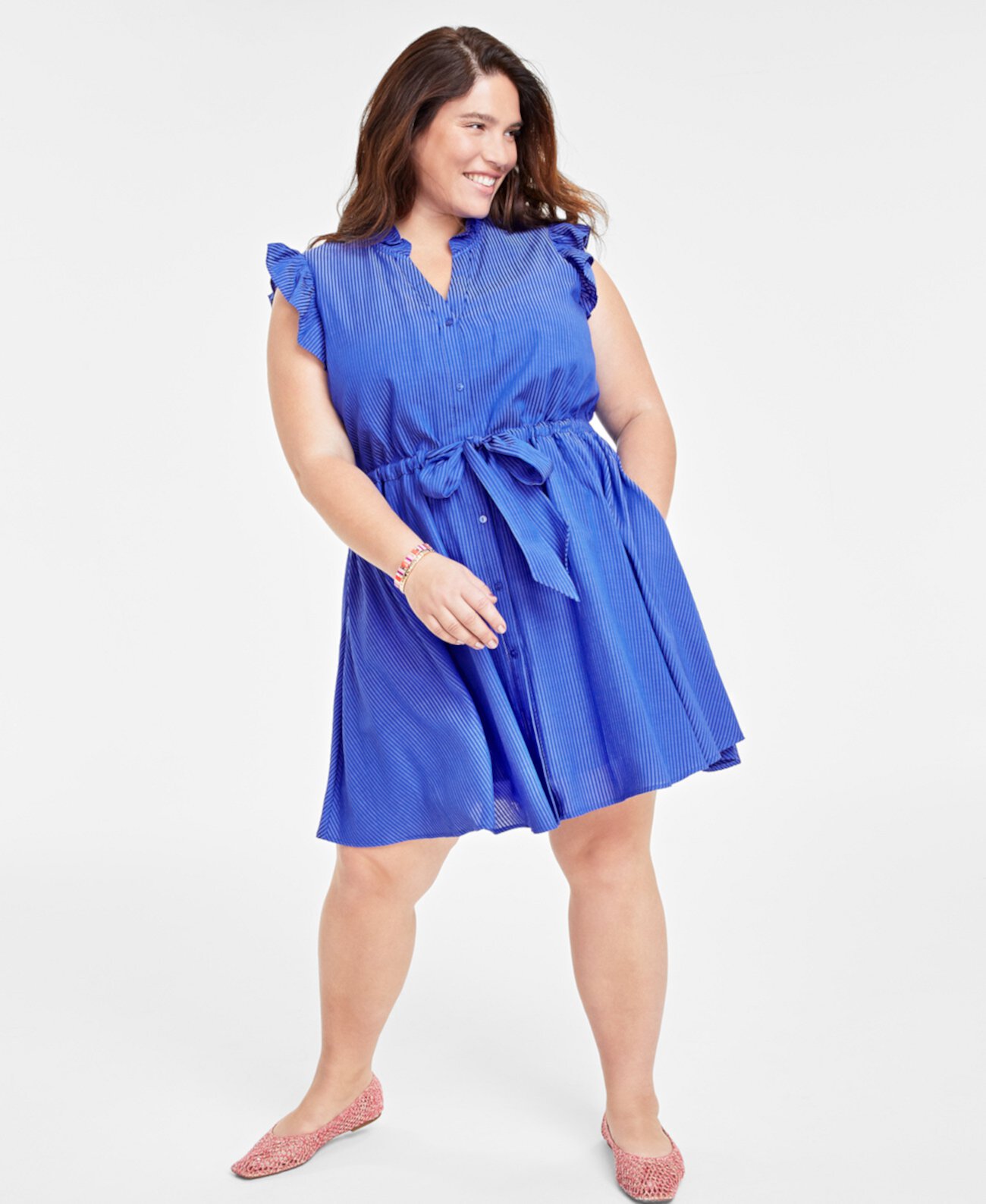 Trendy Plus Size Flutter-Sleeve Shirtdress, Created for Macy's On 34th