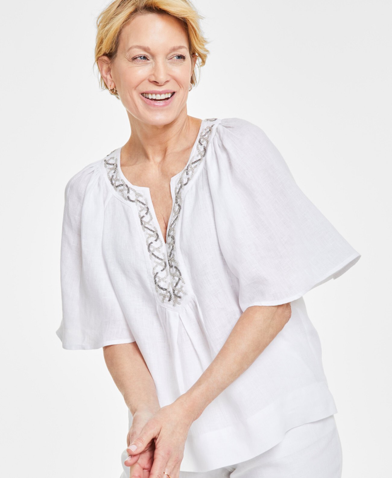 Women's 100% Linen Embellished Flutter-Sleeve Top, Created for Macy's Charter Club