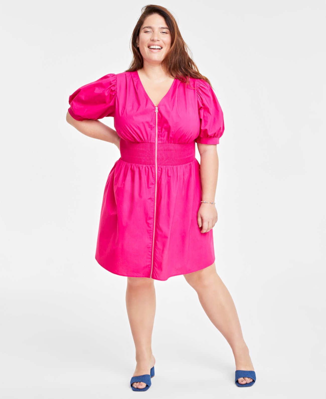 Trendy Plus Size Puff-Sleeve Smocked Dress, Created for Macy's On 34th