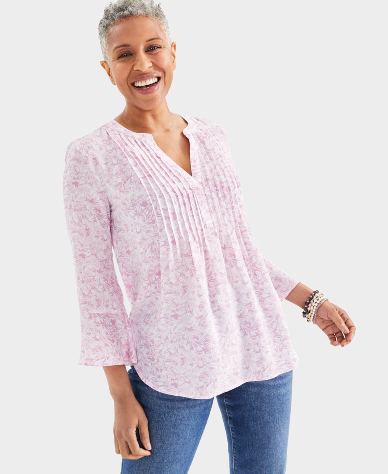 Petite Pleated Bell-Sleeve Printed Top, Created for Macy's Style & Co