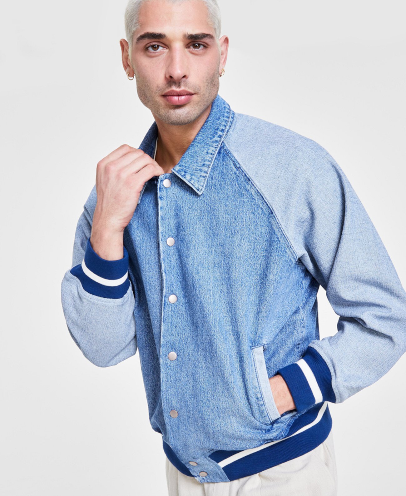Men's Coastal Colorblocked Denim Varsity Jacket, Created for Macy's Sun & Stone