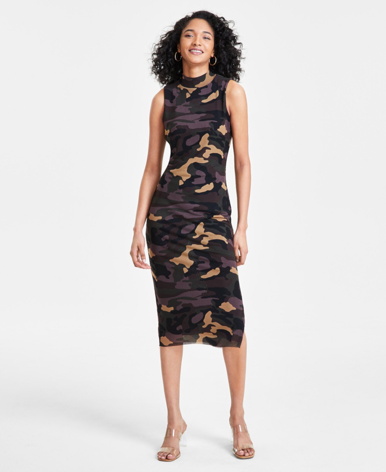 Women's Camo-Print Mock-Neck Sleeveless Mesh Midi Dress, Created for Macy's Bar III
