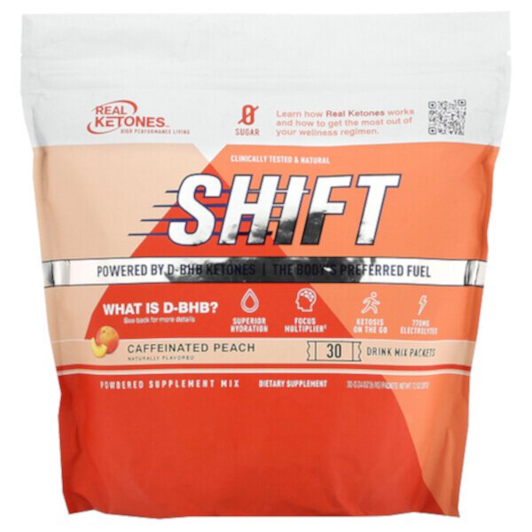 Shift, Caffeinated Peach, 30 Drink Mix Packets,  0.23 oz (6.4 g) Each Real Ketones