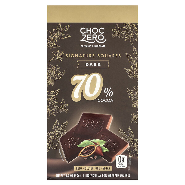 Темный шоколад 70% какао, 8 индивидуальных плиток по 90 г, без сахара ChocZero